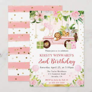 Watercolor Pink Jungle Animals Kids Birthday Invitation