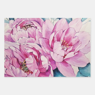 Watercolor Pink Large Peony Flowers Wrapping Paper Sheet