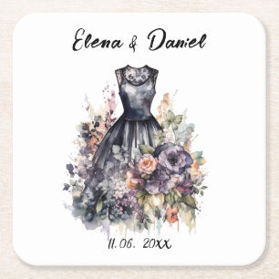 Watercolor pink lavender roses black dress wedding square paper coaster