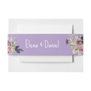 Watercolor pink lavender roses minimalist invitation belly band