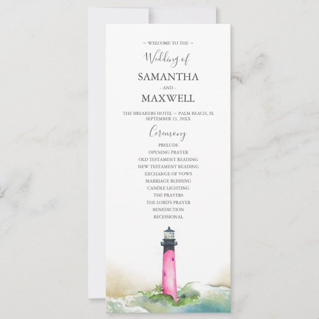 Watercolor Pink Lighthouse Wedding Program Invitation (Front)
