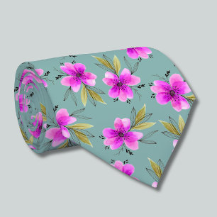Watercolor pink lily floral dusky green neck tie