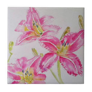 Watercolor Pink Lily Flower Floral Ceramic Tile