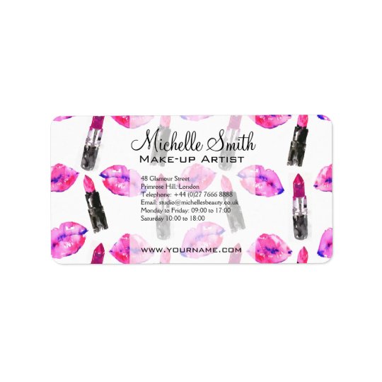 Watercolor pink lips lipstick pattern makeup address label