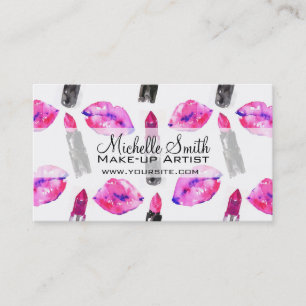Watercolor pink lips lipstick  pattern makeup business card