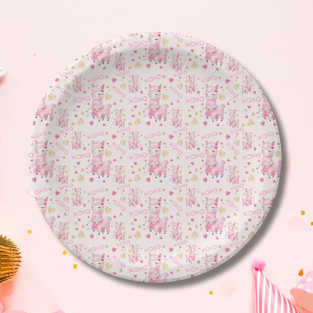  Watercolor Pink Llama XOXO Paper Plate (Creator Uploaded)