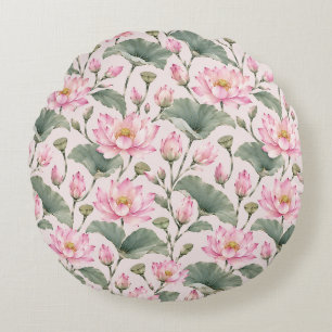 Watercolor Pink Lotus Elegance Round Cushion
