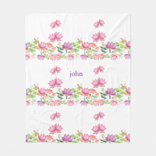 Watercolor Pink Lotus Floral Garden  Fleece Blanket