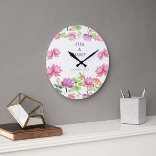 Watercolor Pink Lotus Floral Garden WEDDING  Large Clock