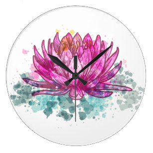 Watercolor Pink Lotus Flower Large Clock