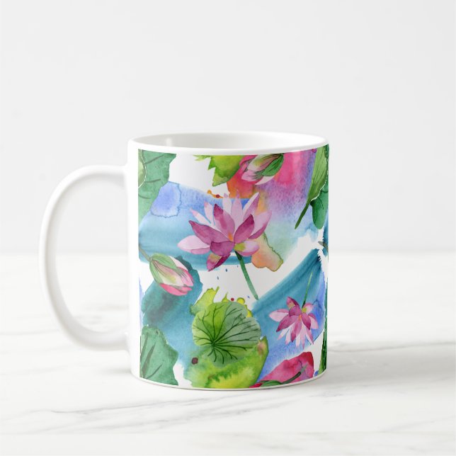 Watercolor Pink Lotus Flowers and Leaves Botanical Coffee Mug (Left)