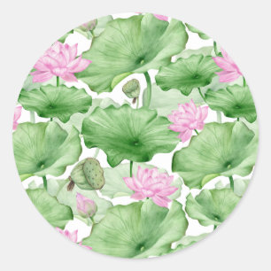 Watercolor Pink Lotus Flowers with Large Leaves  Classic Round Sticker