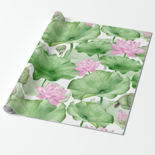 Watercolor Pink Lotus Flowers with Large Leaves  Wrapping Paper