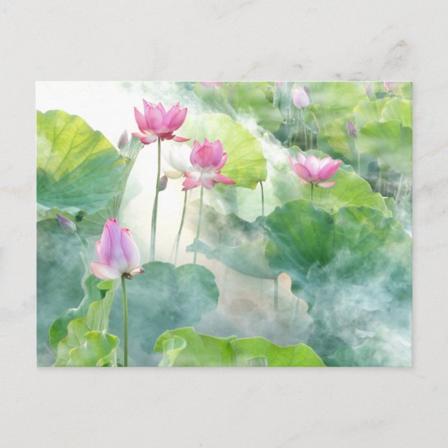 Watercolor Pink Lotus Flowers with Leaves Postcard (Front)