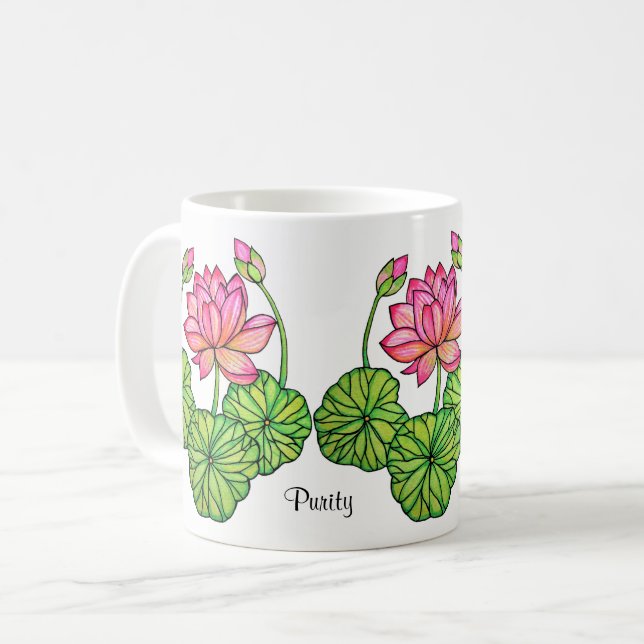 Watercolor Pink Lotus with Buds & Leaves Coffee Mug (Front Left)