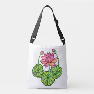 Watercolor Pink Lotus with Buds & Leaves Crossbody Bag