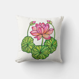 Watercolor Pink Lotus with Buds & Leaves Cushion