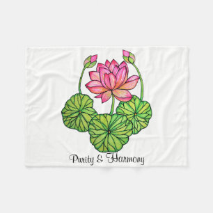 Watercolor Pink Lotus with Buds & Leaves Fleece Blanket