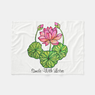 Watercolor Pink Lotus with Buds & Leaves Fleece Blanket