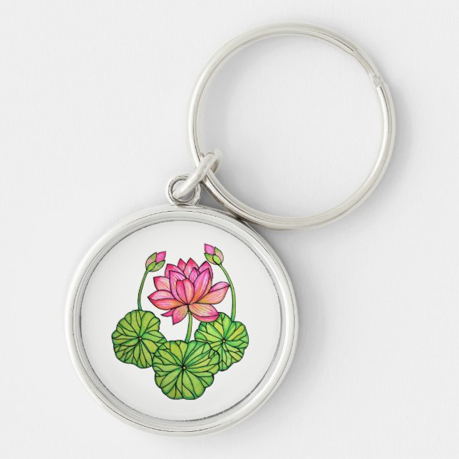 Watercolor Pink Lotus with Buds & Leaves Key Ring (Front)