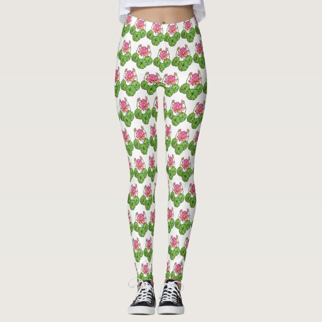 Watercolor Pink Lotus with Buds & Leaves Leggings (Front)