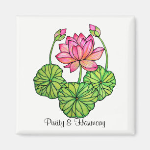 Watercolor Pink Lotus with Buds & Leaves Magnet