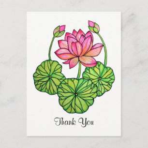 Watercolor Pink Lotus with Buds & Leaves Postcard