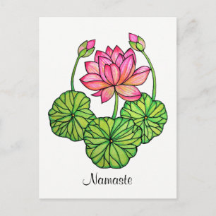 Watercolor Pink Lotus with Buds & Leaves Postcard