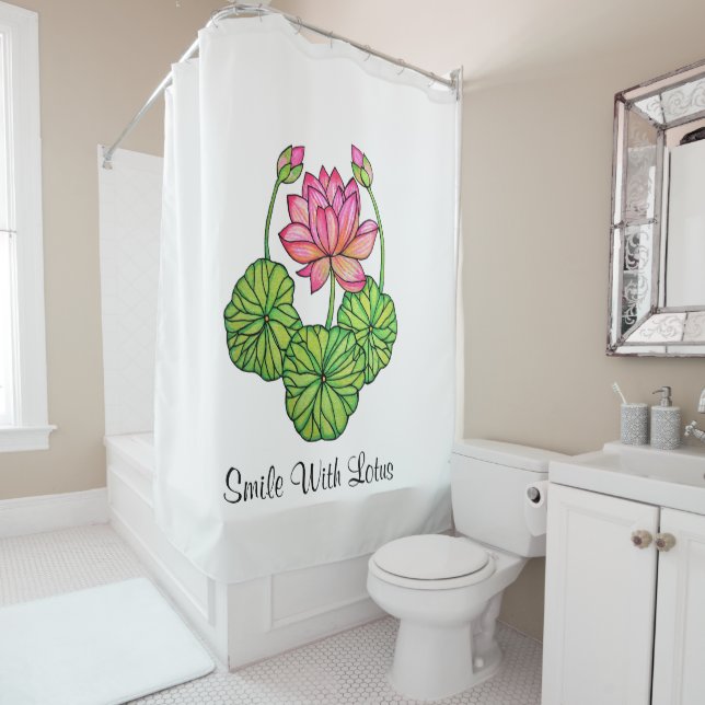 Watercolor Pink Lotus with Buds & Leaves Shower Curtain (In Situ)