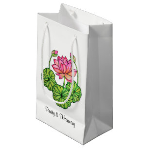 Watercolor Pink Lotus with Buds & Leaves Small Gift Bag