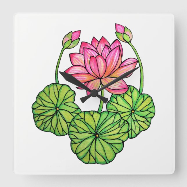Watercolor Pink Lotus with Buds & Leaves Square Wall Clock (Front)