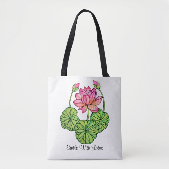 Watercolor Pink Lotus with Buds & Leaves Tote Bag (Front)