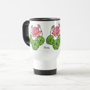 Watercolor Pink Lotus with Buds & Leaves Travel Mug
