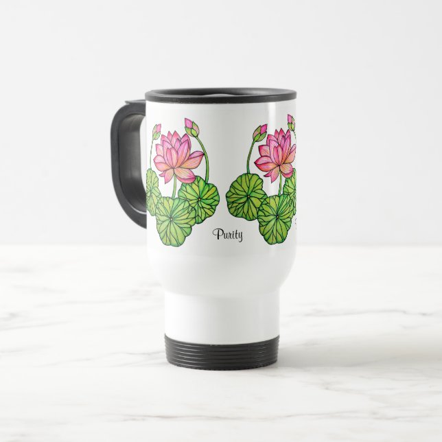 Watercolor Pink Lotus with Buds & Leaves Travel Mug (Front Left)
