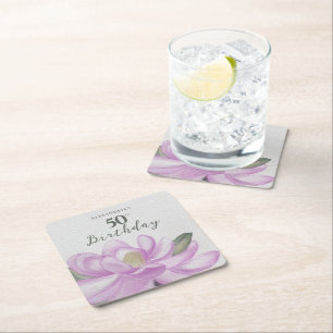 Watercolor Pink Magnolia 50th Birthday Square Paper Coaster