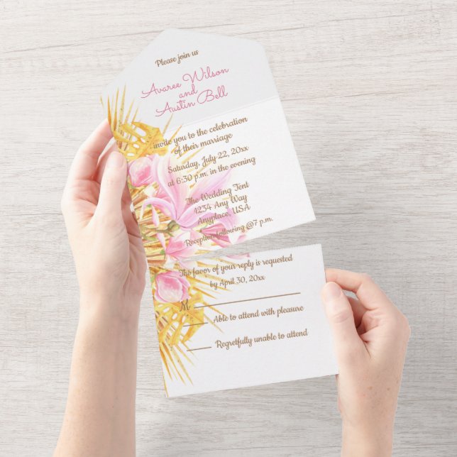 Watercolor Pink Magnolia All In One Invitation (Tearaway)