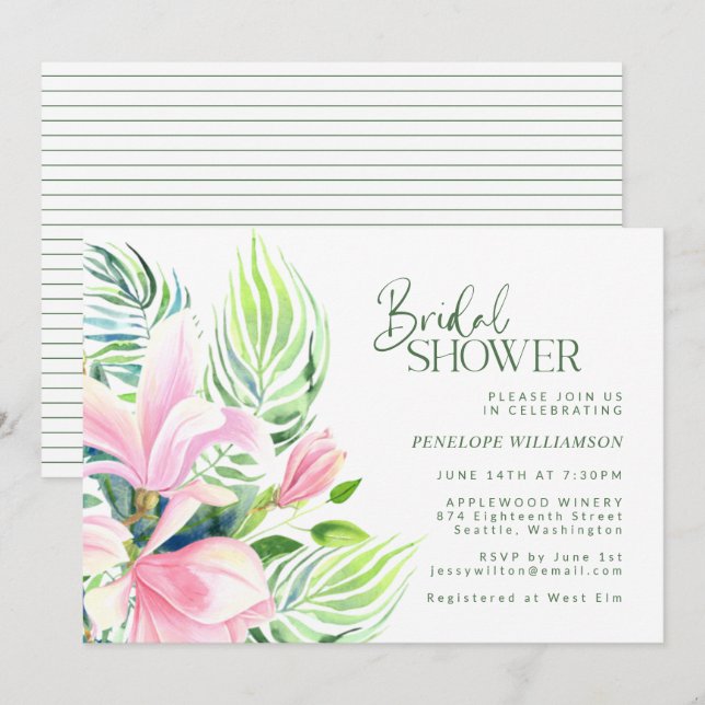 Watercolor Pink Magnolia Flower Bridal Shower Invitation (Front/Back)