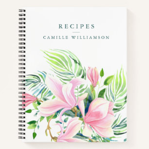 Watercolor Pink Magnolia Flower Custom Name Recipe Notebook