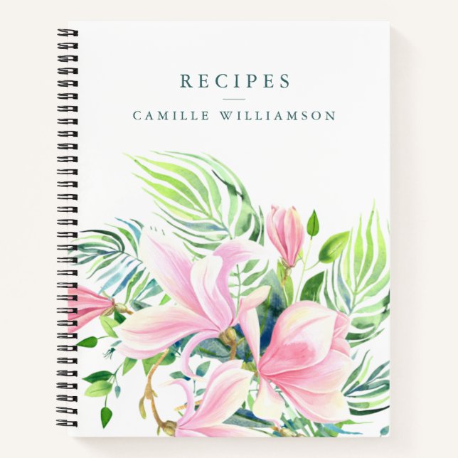 Watercolor Pink Magnolia Flower Custom Name Recipe Notebook (Front)