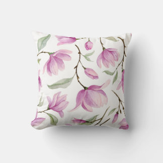 Watercolor pink magnolia flowers and leaves seamle cushion