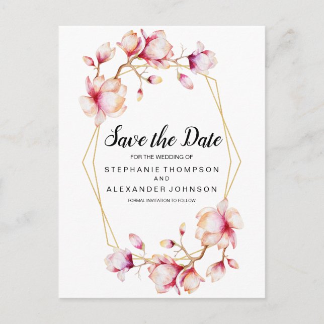 Watercolor Pink Magnolia Flowers Announcement Postcard (Front)