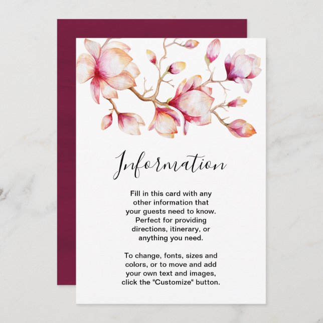 Watercolor Pink Magnolia Flowers Invitation (Front/Back)