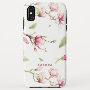 Watercolor pink magnolia flowers & leaves pattern iPhone XS max case