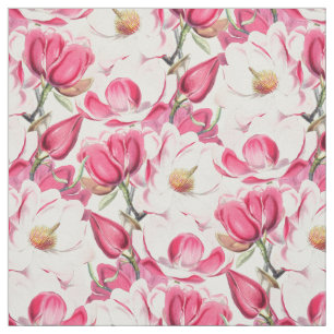 Watercolor Pink Magnolia Flowers Pattern Fabric
