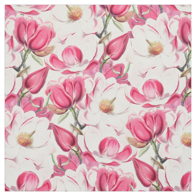 Watercolor Pink Magnolia Flowers Pattern Fabric (Swatch)