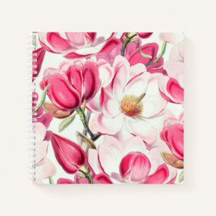 Watercolor Pink Magnolia Flowers Pattern Notebook
