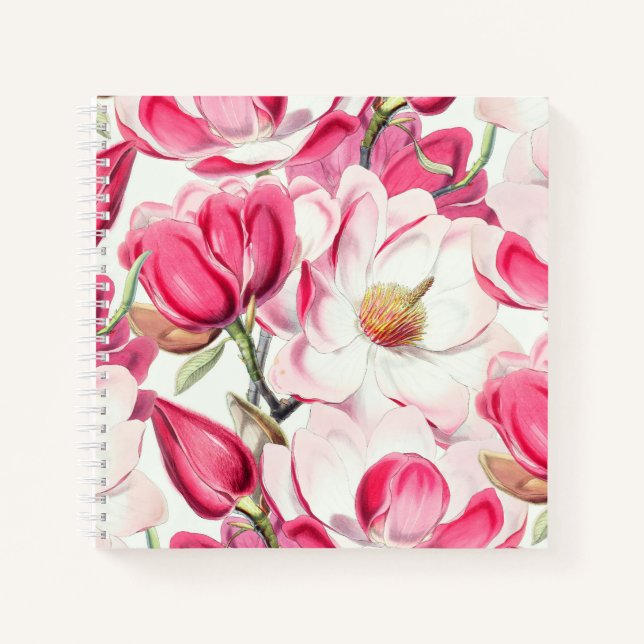 Watercolor Pink Magnolia Flowers Pattern Notebook (Front)