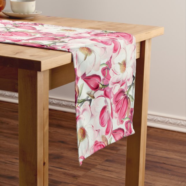 Watercolor Pink Magnolia Flowers Pattern Short Table Runner (In Situ)