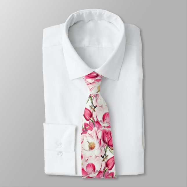 Watercolor Pink Magnolia Flowers Pattern Tie (Tied)