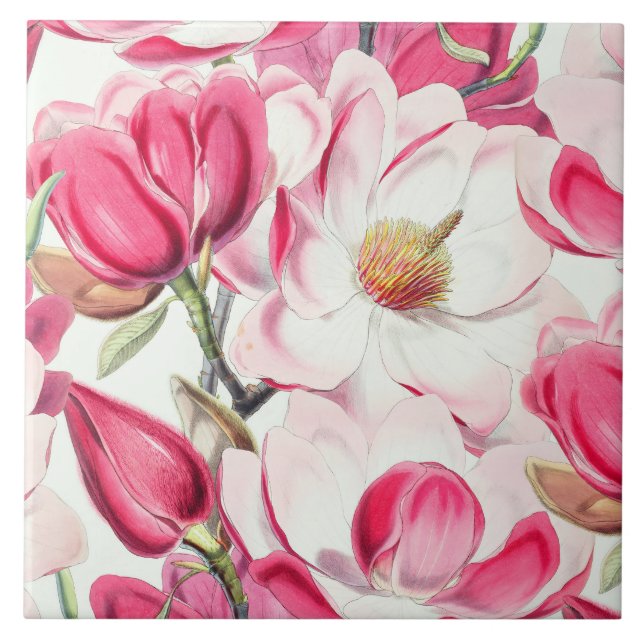 Watercolor Pink Magnolia Flowers Pattern Tile (Front)